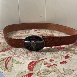 Vtg Longhorn Siskiyou L-89 USA Belt Buckle Etched Cognac Leather Belt